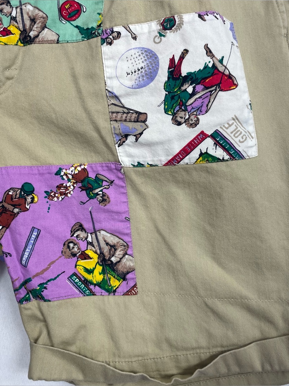 PatchIt Golf Print Patchwork Khaki Cotton Shorts Size Large Funky Retro - Picture 13 of 14